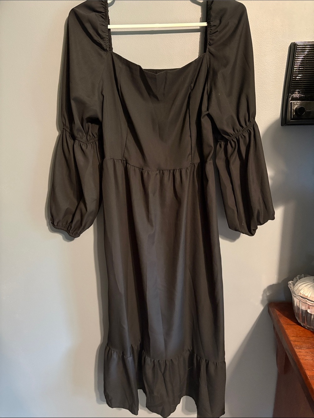 Black Puff-Sleeve Midi Dress off the shoulder